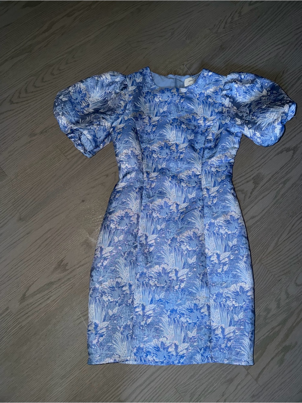 LENA Blue Metallic Floral Jacquard Puff Sleeve Dress – Size Small